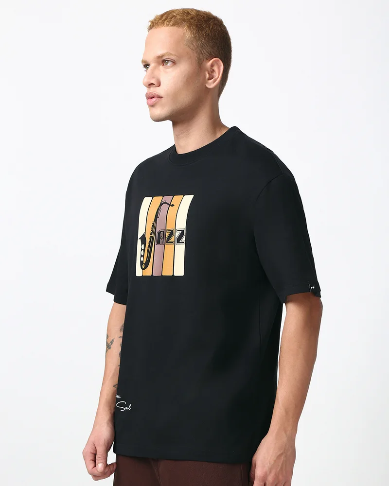 بيواكوف Men's Black Jazz Graphic Printed Oversized T-shirt